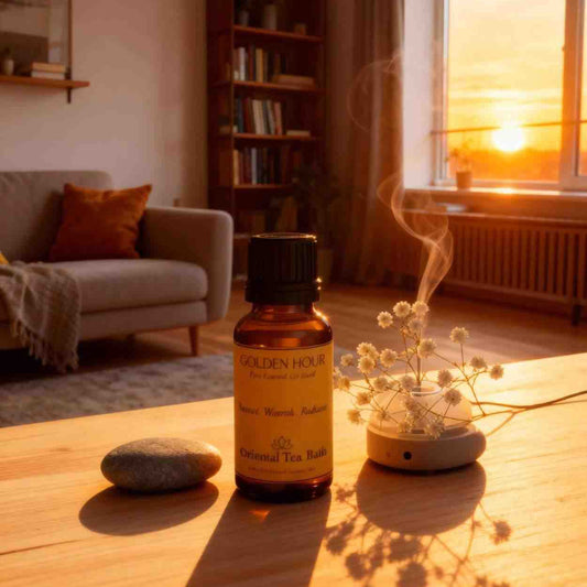 Warm, sunset-scented Golden Hour essential oil diffusing for an uplifting home environment.