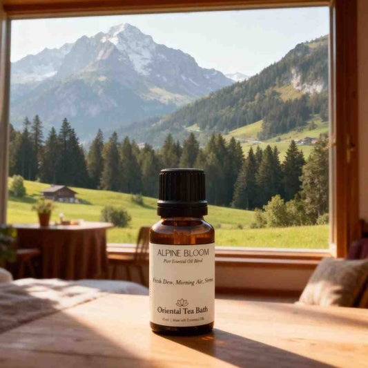 Close-up of the Alpine Bloom aromatherapy essential oil blend bottle, scented like morning air.