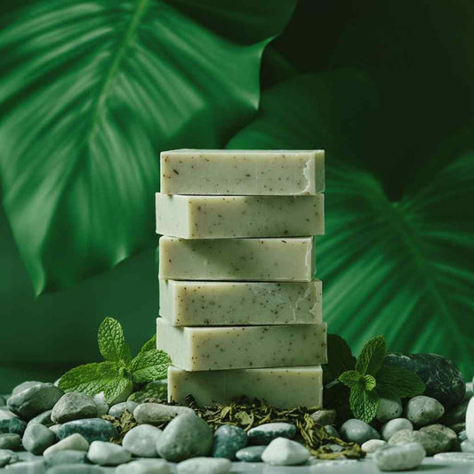 Close-up of the Fresh Clarity natural soap bar texture with visible green tea leaves and spearmint.