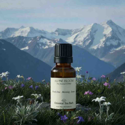Oriental Tea Bath Alpine Bloom essential oil blend with a fresh dew scent for serenity and calm.