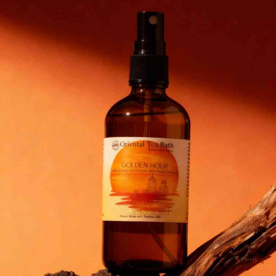 Golden Hour natural room spray used to uplift and create a comforting, radiant home fragrance.