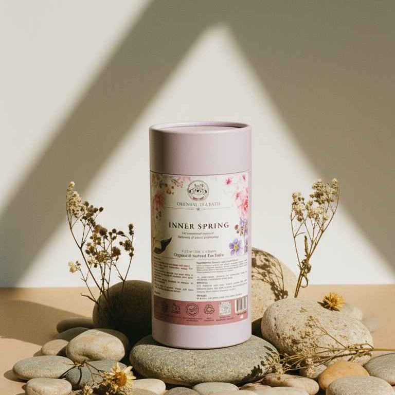 Oriental Tea Bath Standards: 100% Vegan, floral design.