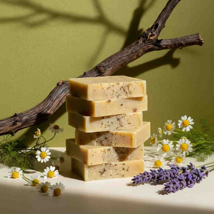 Close-up of the Evening Calm handmade natural soap bar texture with dried lavender for a calming effect.