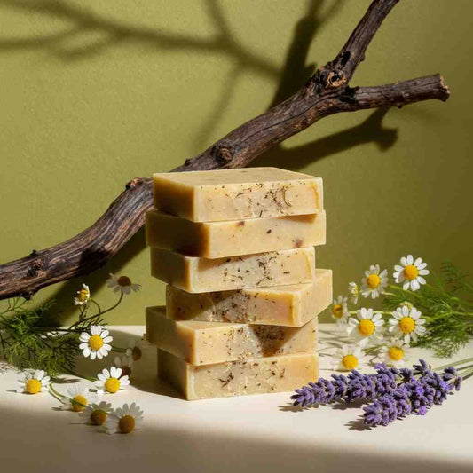 Close-up of the Evening Calm handmade natural soap bar texture with dried lavender for a calming effect.